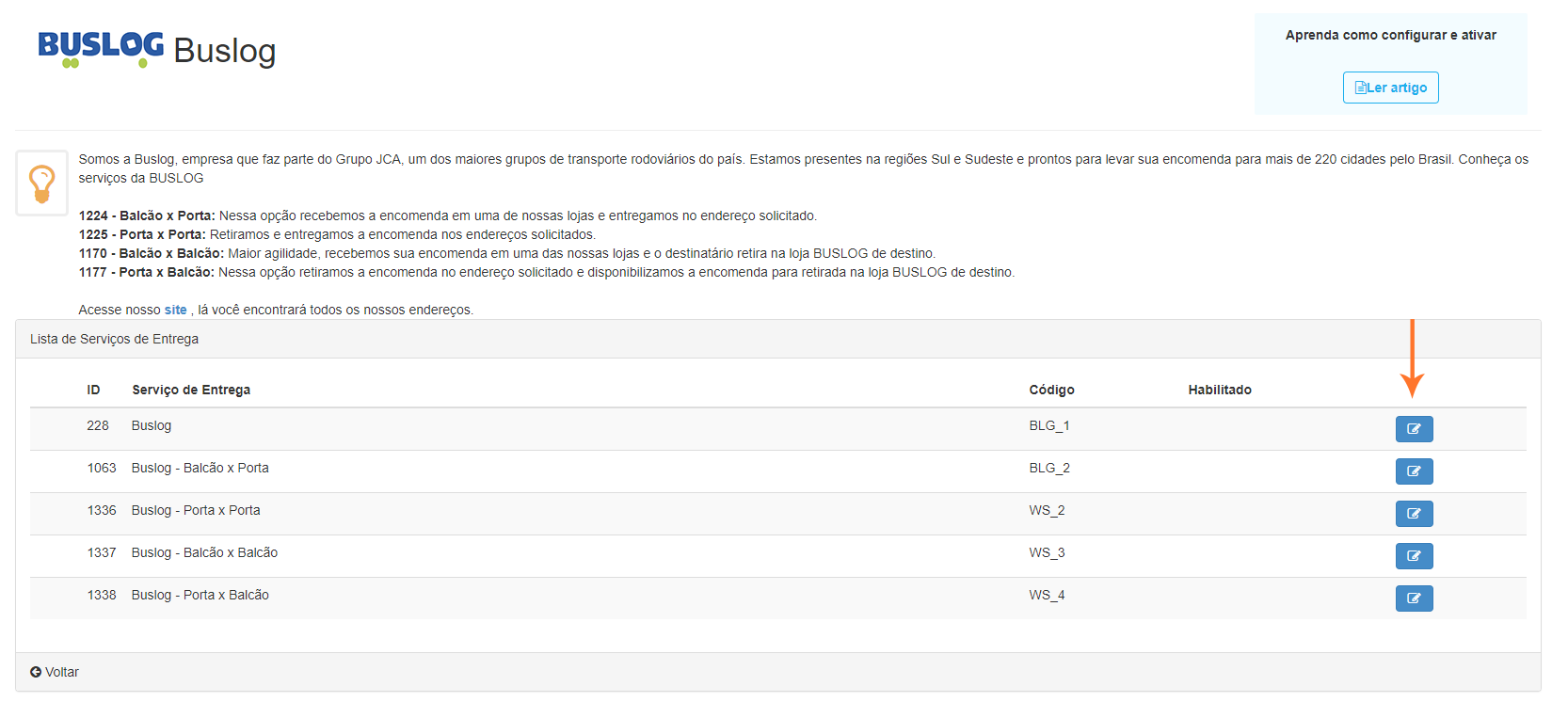 Serviços disponíveis